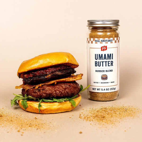 Umami Butter Burger Seasoning next to a finished Umami Butter Signature Burger.